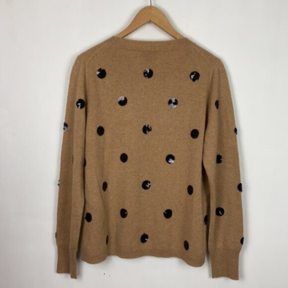 J.Crew L Cashmere Sweater Beige Black Sequins Polka Dots - Picture 15 of 15